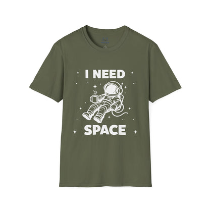 Green t-shirt with 'I Need Space' white text and a white graphic of an astronaut floating in space with coffee cup.