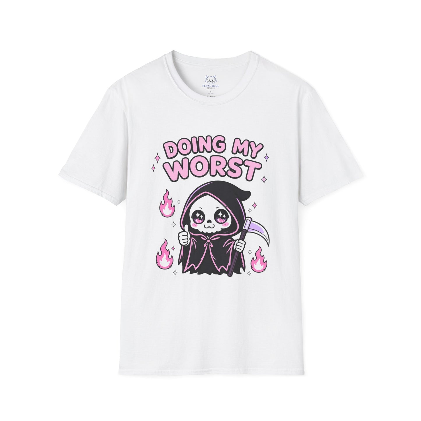 White t-shirt with a cartoon Grim Reaper design and text 'Doing My Worst' on a white background