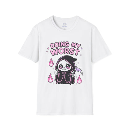 White t-shirt with a cartoon Grim Reaper design and text 'Doing My Worst' on a white background