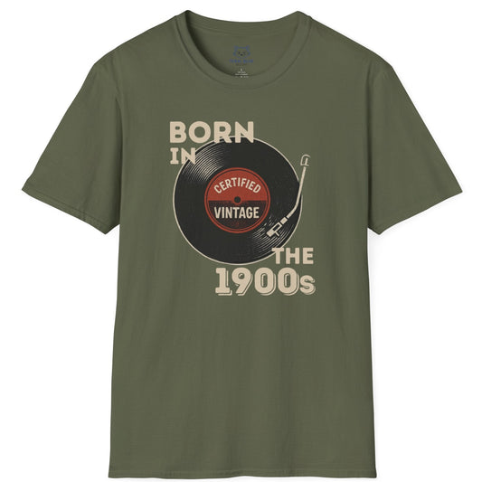 Green t-shirt with vinyl record graphic and 'Born in the 1900s" text on a white background