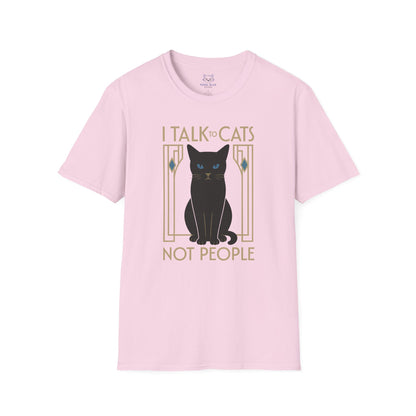 Light pink t-shirt with 'I Talk to Cats not People' text and a black cat art deco graphic.
