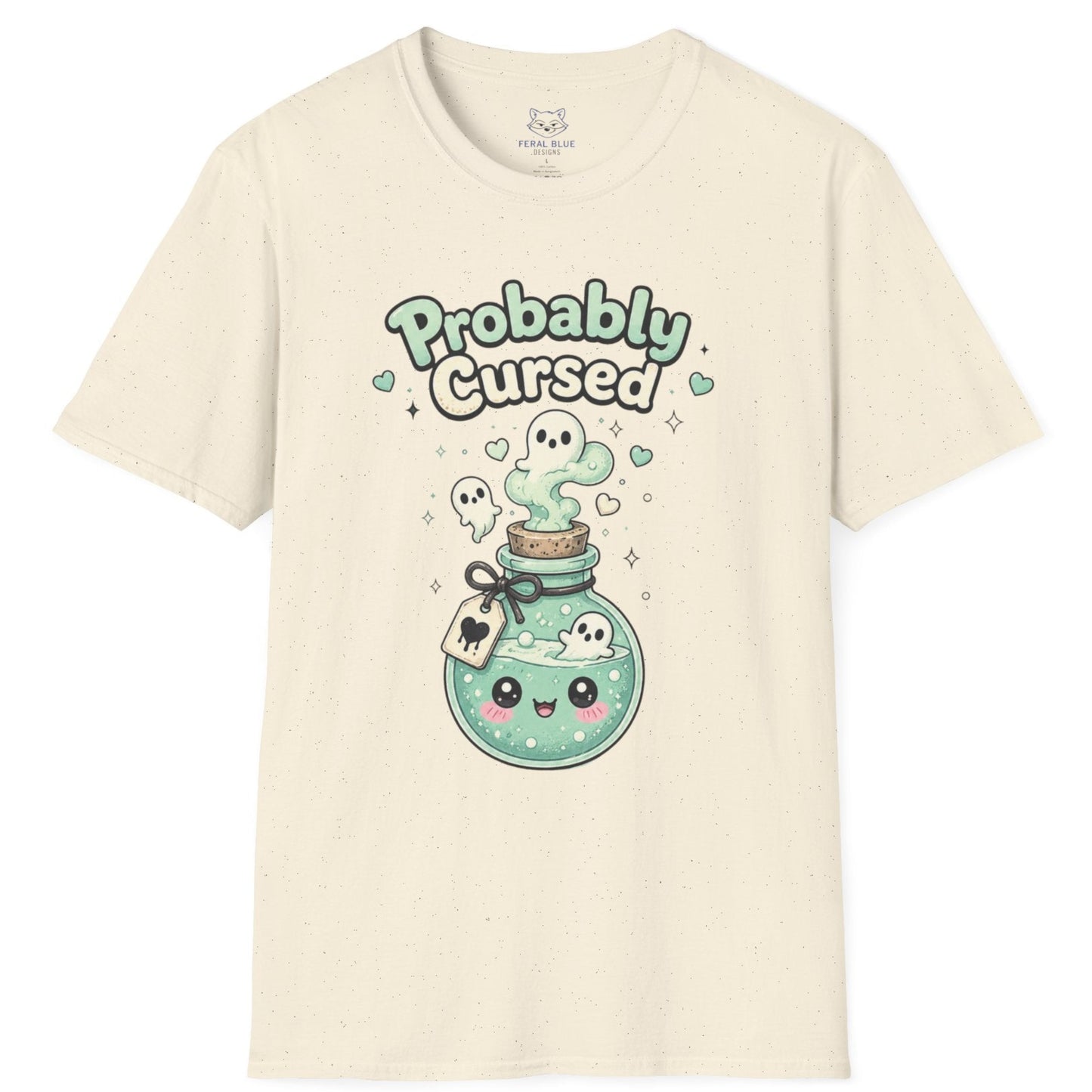 Beige t-shirt with a cartoon potion bottle design and text 'Probably Cursed' on a white background