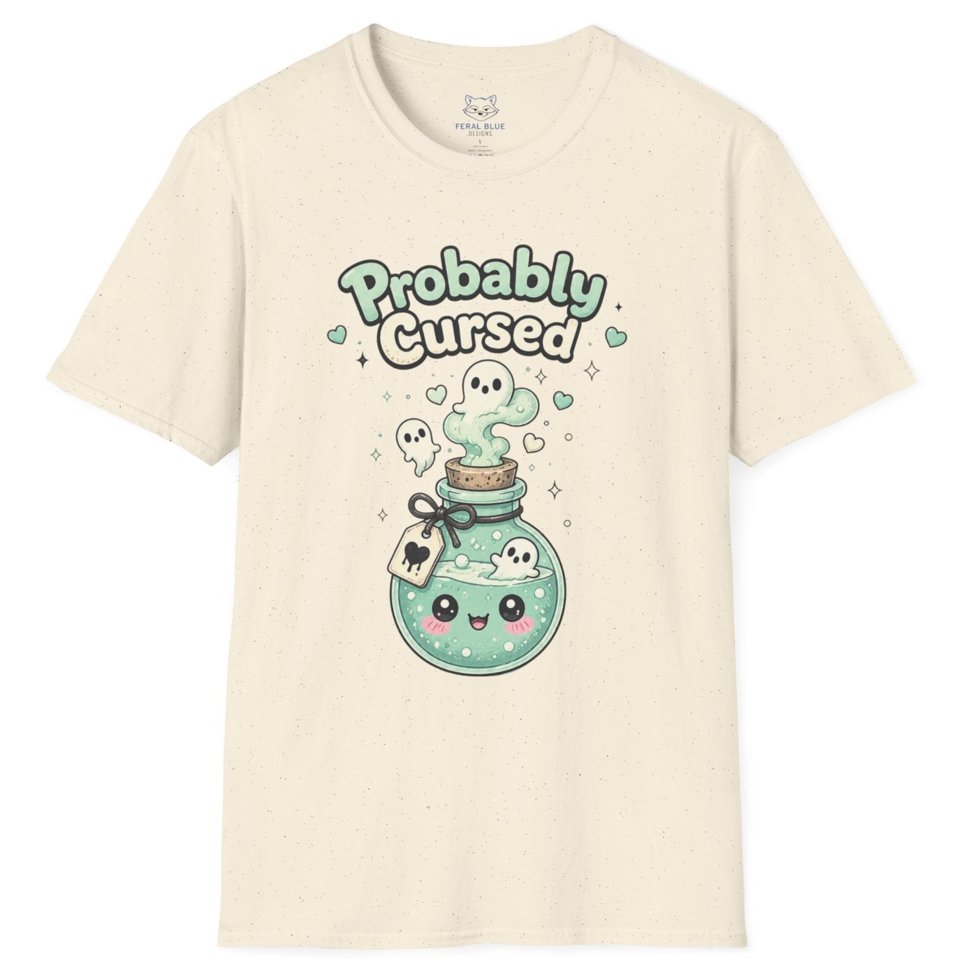 Beige t-shirt with a cartoon potion bottle design and text 'Probably Cursed' on a white background