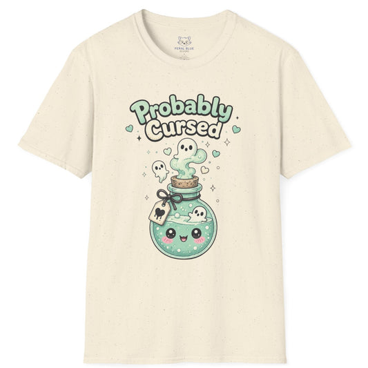 Beige t-shirt with a cartoon potion bottle design and text 'Probably Cursed' on a white background