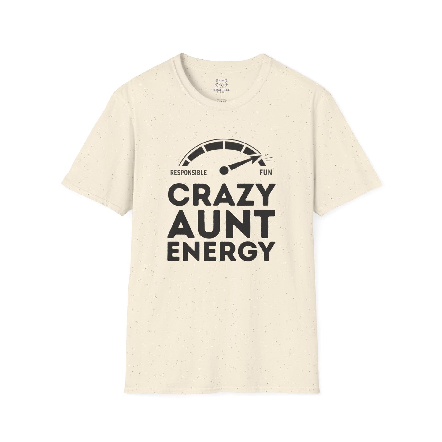 Beige t-shirt with 'Crazy Aunt Energy' text design on a white background