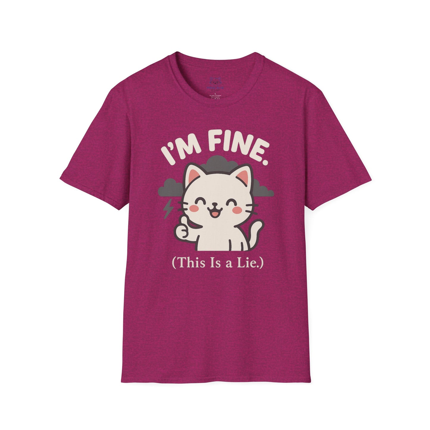 Bold pink-maroon t-shirt with a Kawaii cat and gray storm clouds graphic and "I'm Fine (This is a lie)" text