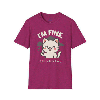 Bold pink-maroon t-shirt with a Kawaii cat and gray storm clouds graphic and "I'm Fine (This is a lie)" text
