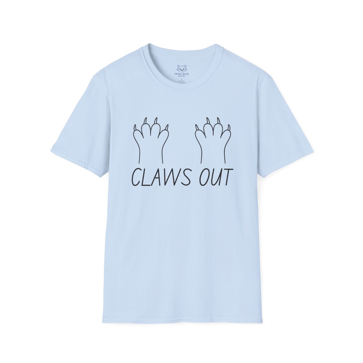 Light blue t-shirt with black text "Claws out" and black line graphic of animal paws.