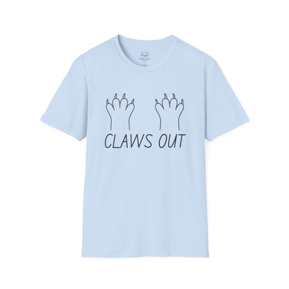 Light blue t-shirt with black text "Claws out" and black line graphic of animal paws.