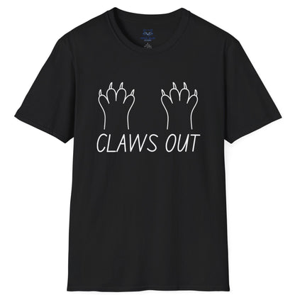 Black t-shirt with white text "Claws out" and white line graphic of animal paws.