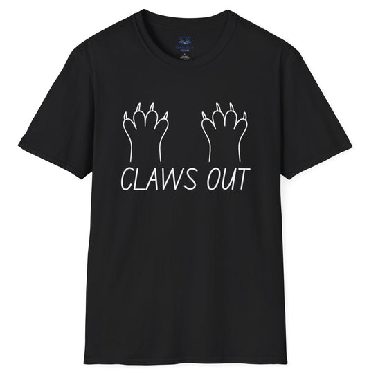 Black t-shirt with white text "Claws out" and white line graphic of animal paws.