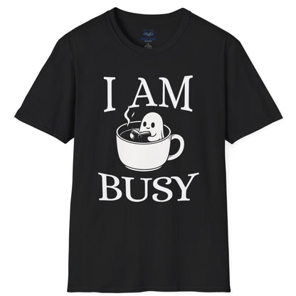 Black t-shirt with 'I AM BUSY' text and graphic on a white background