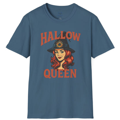 Blue t-shirt with "Hallow Queen" orange text and retro red-headed witch graphic. Halloween, Hallow-queen pun t-shirt.