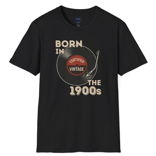 Black t-shirt with vinyl record graphic and 'Born in the 1900s" text on a white background