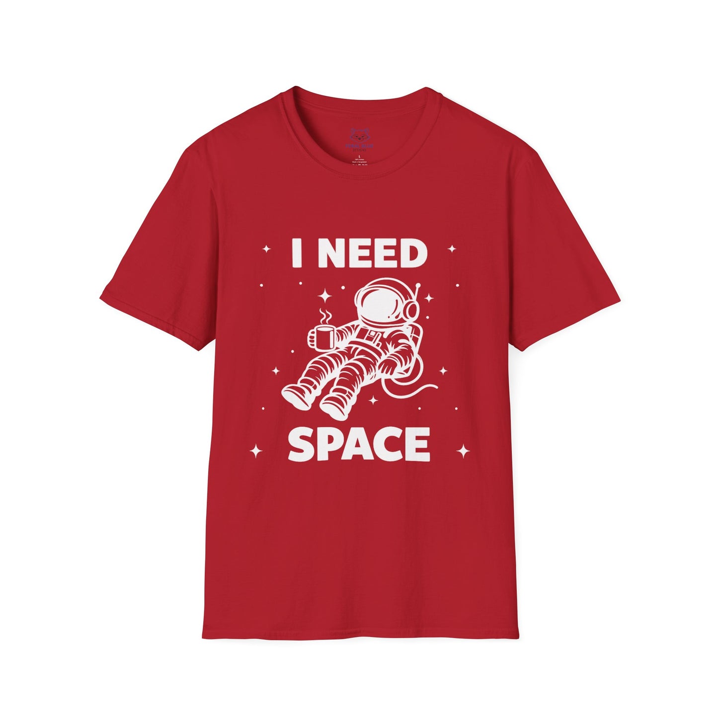 Red t-shirt with 'I Need Space' white text and a white graphic of an astronaut floating in space with coffee cup.