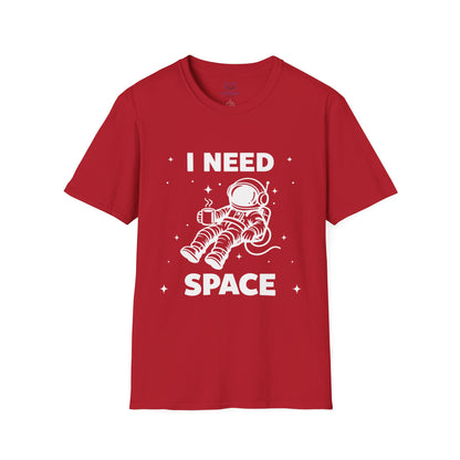 Red t-shirt with 'I Need Space' white text and a white graphic of an astronaut floating in space with coffee cup.