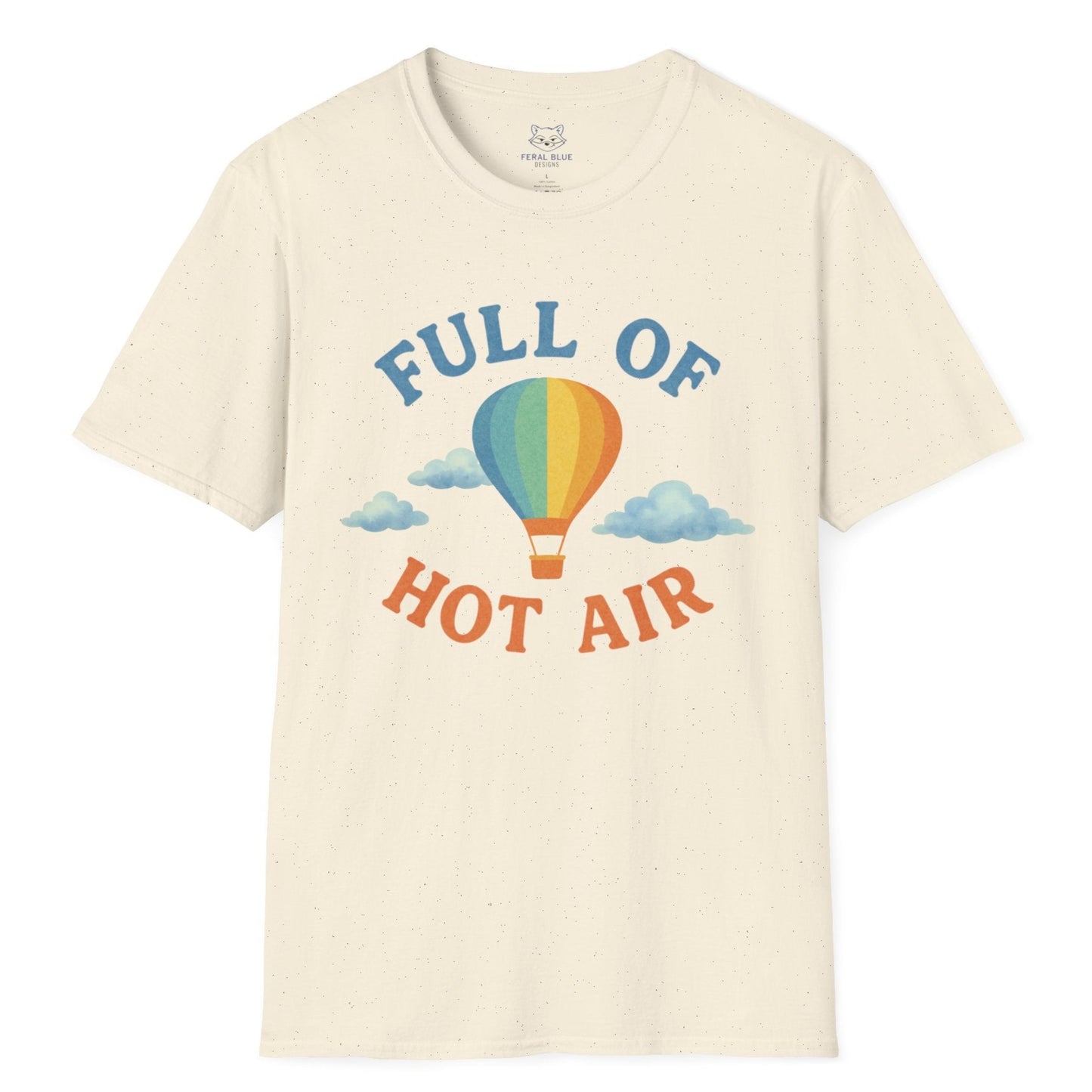 Beige t-shirt with a colorful hot air balloon graphic and text on a white background