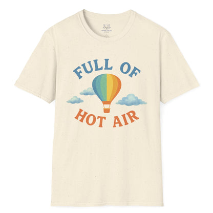 Beige t-shirt with a colorful hot air balloon graphic and text on a white background