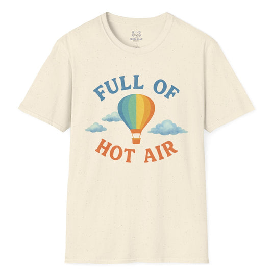 Beige t-shirt with a colorful hot air balloon graphic and text on a white background