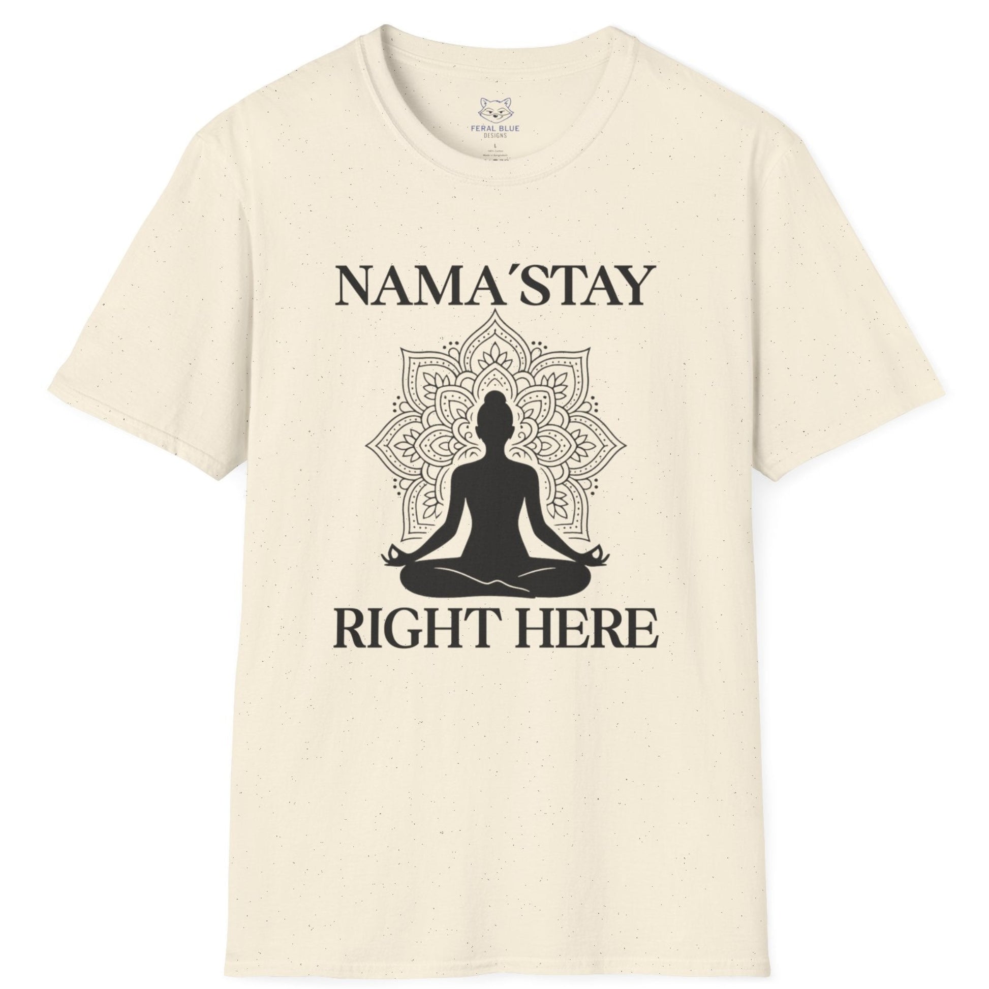 Beige t-shirt with a black silhouette of a person in meditation and text "NAMASTAY RIGHT HERE' on a white background