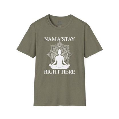 Green t-shirt with a white silhouette of a mandala and a person in meditation and white text 'Nama'stay right here'.