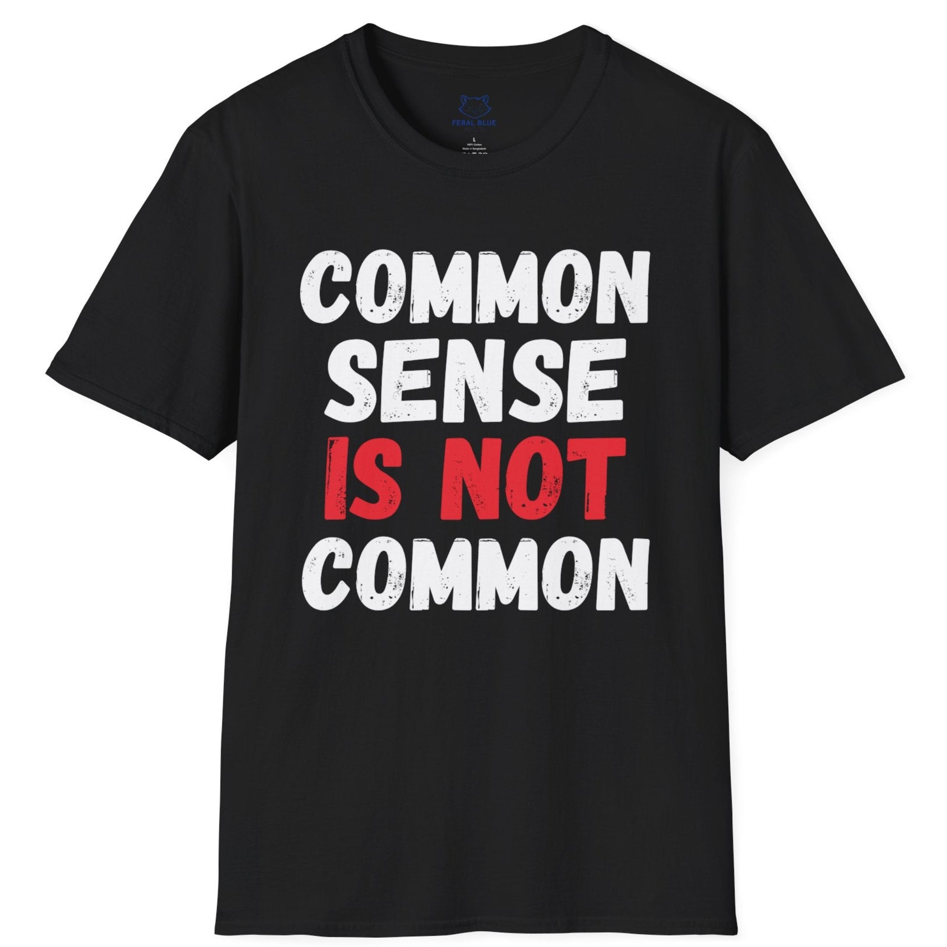 Black t-shirt with white and red  'COMMON SENSE IS NOT COMMON' text.