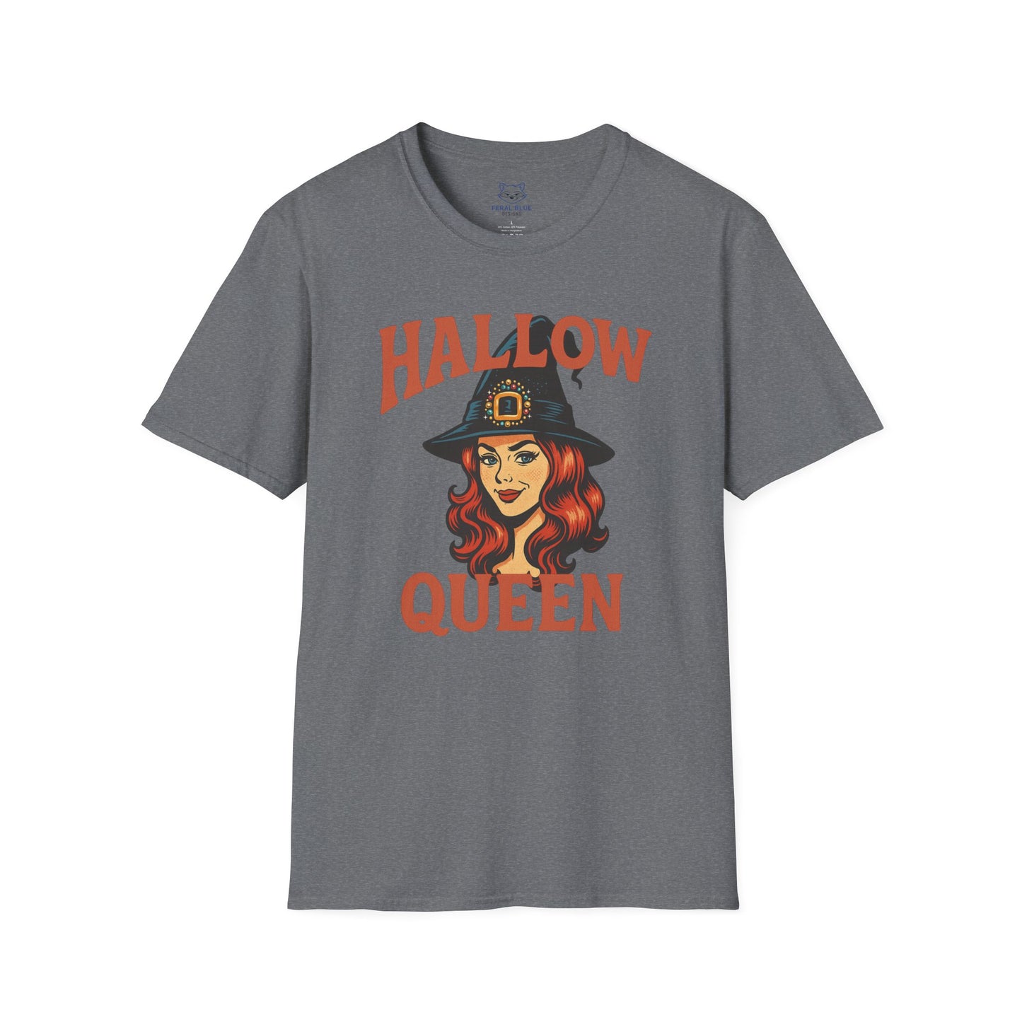 Gray t-shirt with "Hallow Queen" orange text and retro red-headed witch graphic. Halloween, Hallow-queen pun t-shirt.