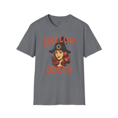 Gray t-shirt with "Hallow Queen" orange text and retro red-headed witch graphic. Halloween, Hallow-queen pun t-shirt.