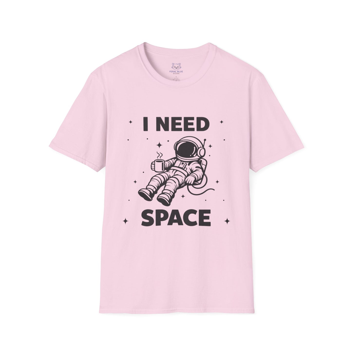 Light Pink t-shirt with 'I Need Space' black text and a black graphic of an astronaut floating in space with coffee cup.
