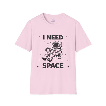 Light Pink t-shirt with 'I Need Space' black text and a black graphic of an astronaut floating in space with coffee cup.