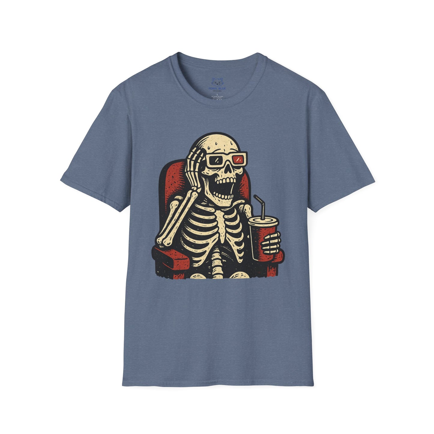 Blue t-shirt with a skeleton design wearing 3-d glasses, sitting in a theater seat, and holding a drink