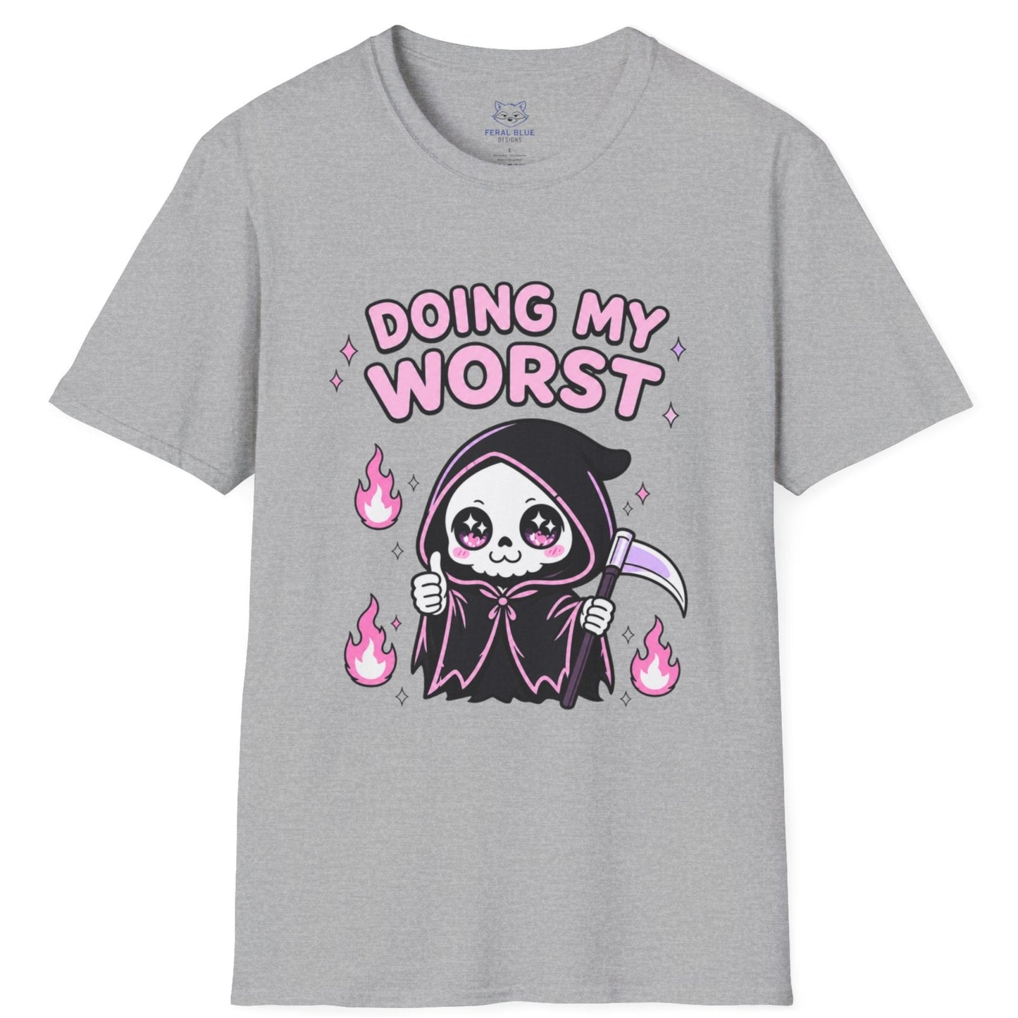Gray t-shirt with cartoon grim reaper design and 'Doing My Worst' text on a white background