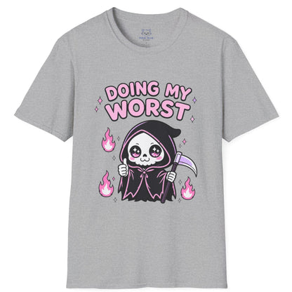 Gray t-shirt with cartoon grim reaper design and 'Doing My Worst' text on a white background