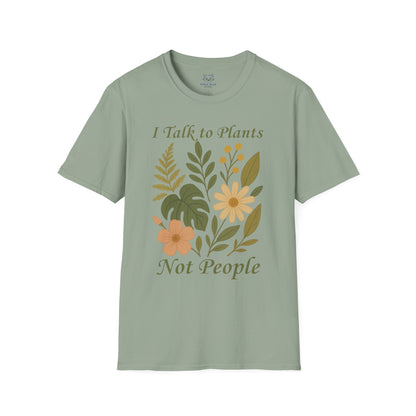 Sage green t-shirt with boho floral design and green text 'I Talk to Plants Not People'.