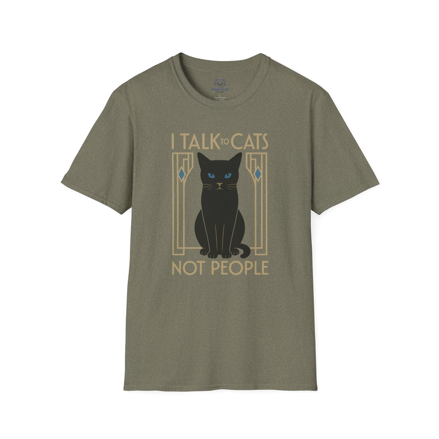 Green t-shirt with 'I Talk to Cats not People' text and a black cat art deco graphic.