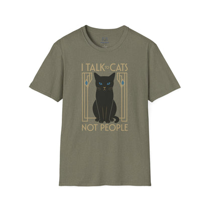 Green t-shirt with 'I Talk to Cats not People' text and a black cat art deco graphic.