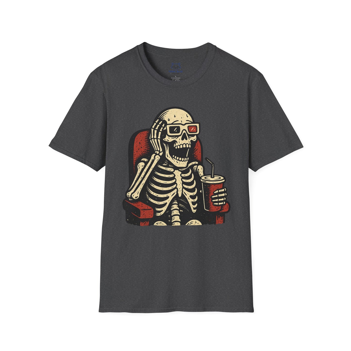 Dark gray t-shirt with a skeleton design wearing 3-d glasses, sitting in a theater seat, and holding a drink