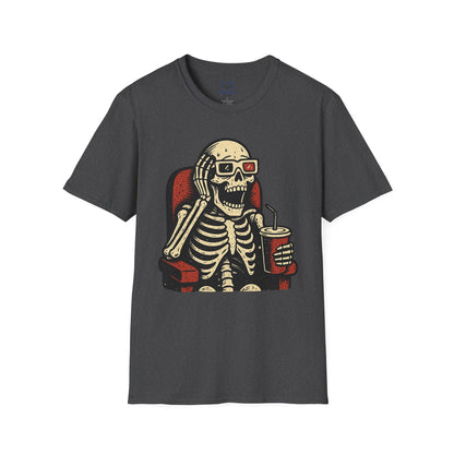 Dark gray t-shirt with a skeleton design wearing 3-d glasses, sitting in a theater seat, and holding a drink