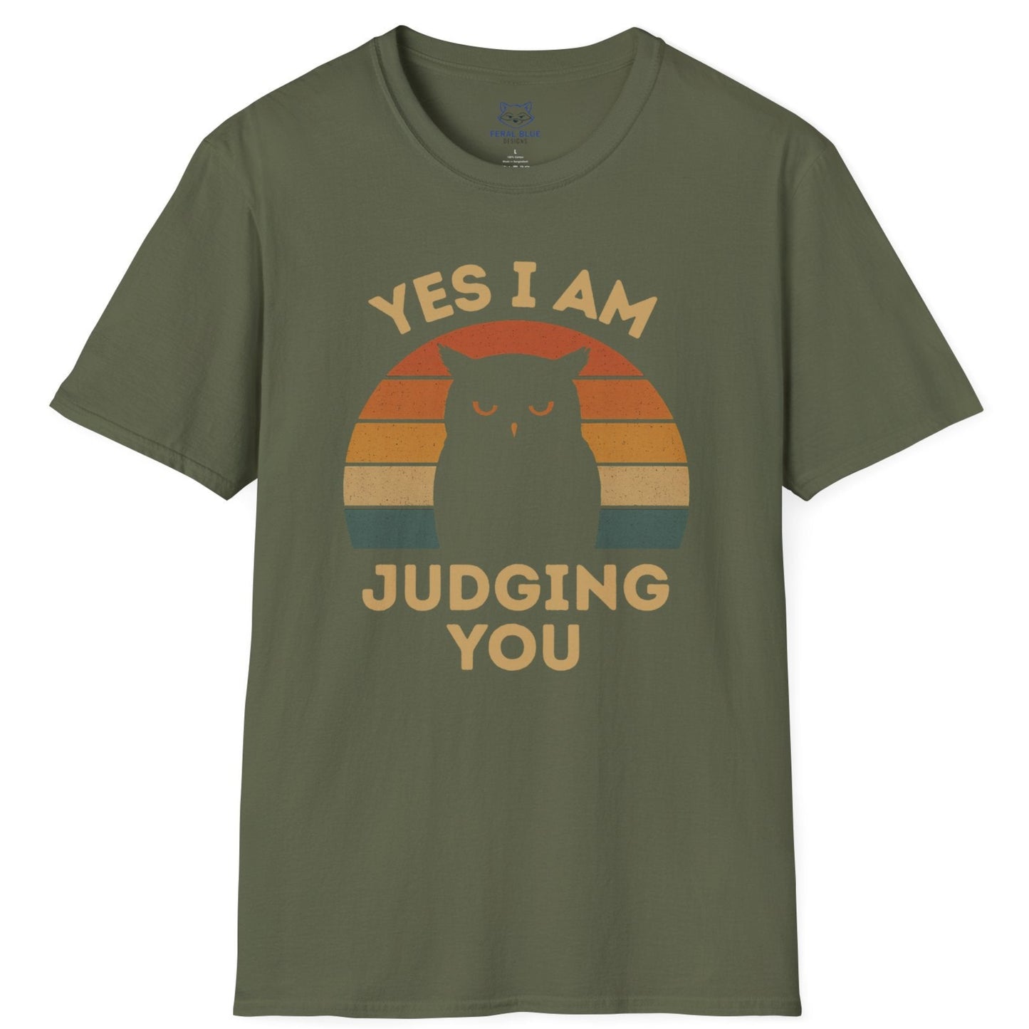 Green  t-shirt with Owl sunset graphic and the text 'Yes I Am Judging You'