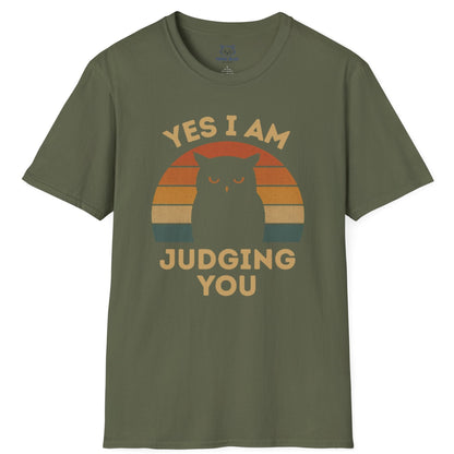 Green  t-shirt with Owl sunset graphic and the text 'Yes I Am Judging You'