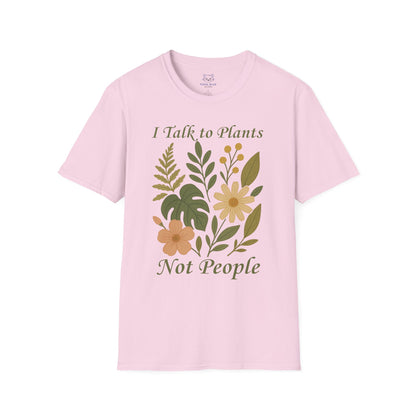 Light pink t-shirt with boho floral design and green text 'I Talk to Plants Not People'.