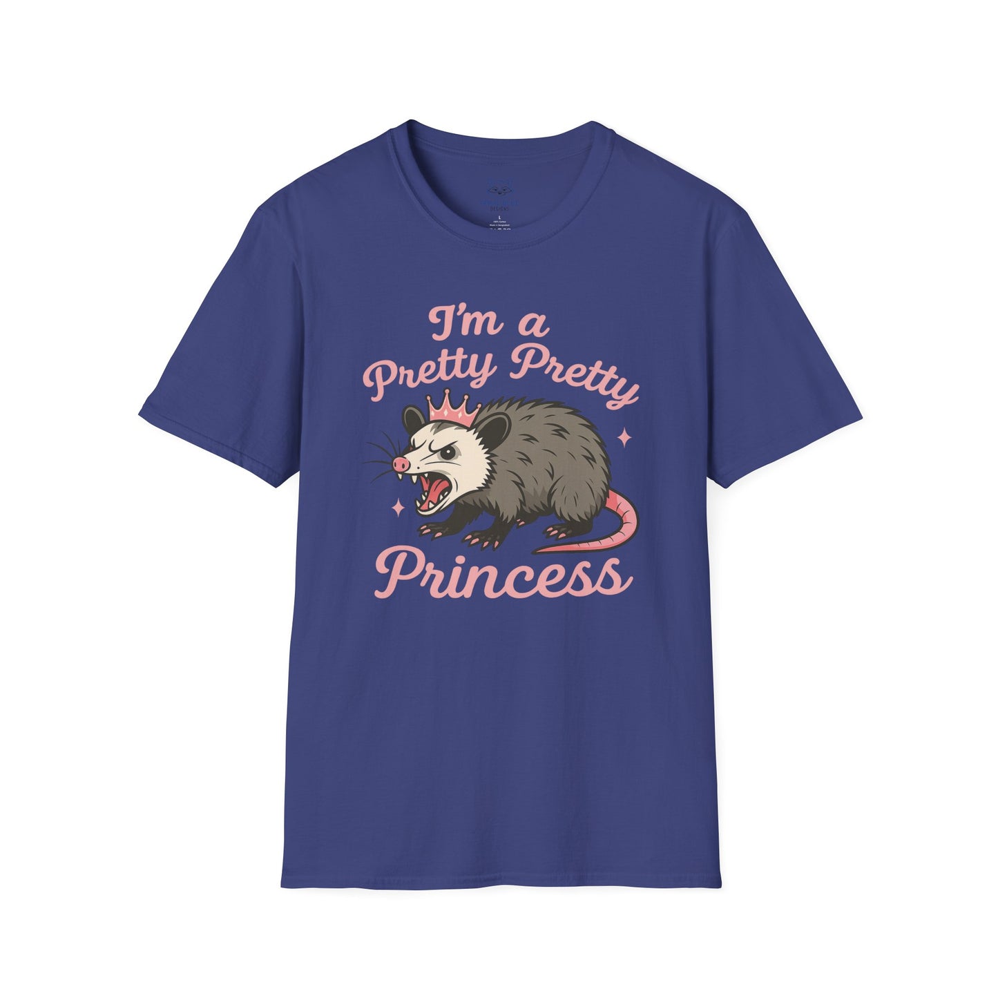 Indigo blue t-shirt with an angry opossum wearing a tiara graphic and 'I'm a pretty pretty princess' pink text.