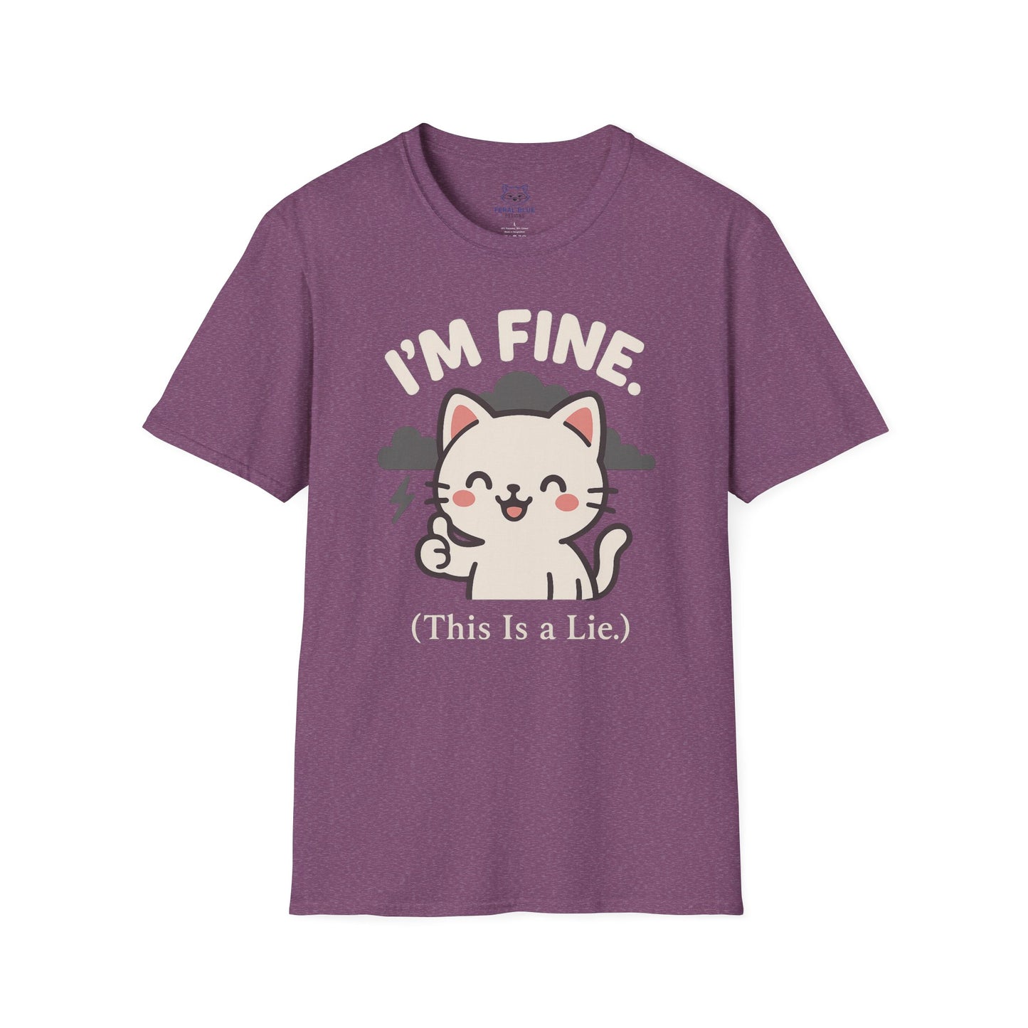 Purplish-maroon t-shirt with a Kawaii cat and gray storm clouds graphic and "I'm Fine (This is a lie)" text