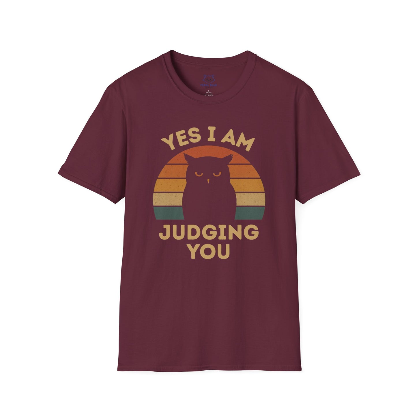 Maroon t-shirt with Owl sunset graphic and the text 'Yes I Am Judging You'