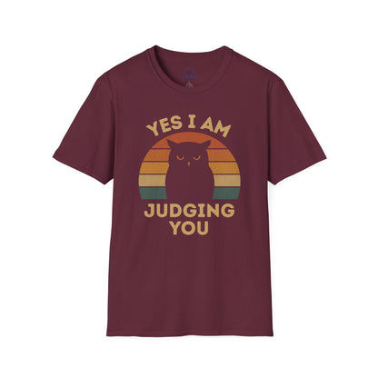 Maroon t-shirt with Owl sunset graphic and the text 'Yes I Am Judging You'