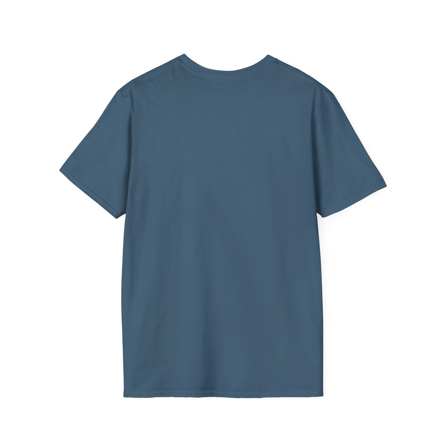 Back of a blank, blue t-shirt.