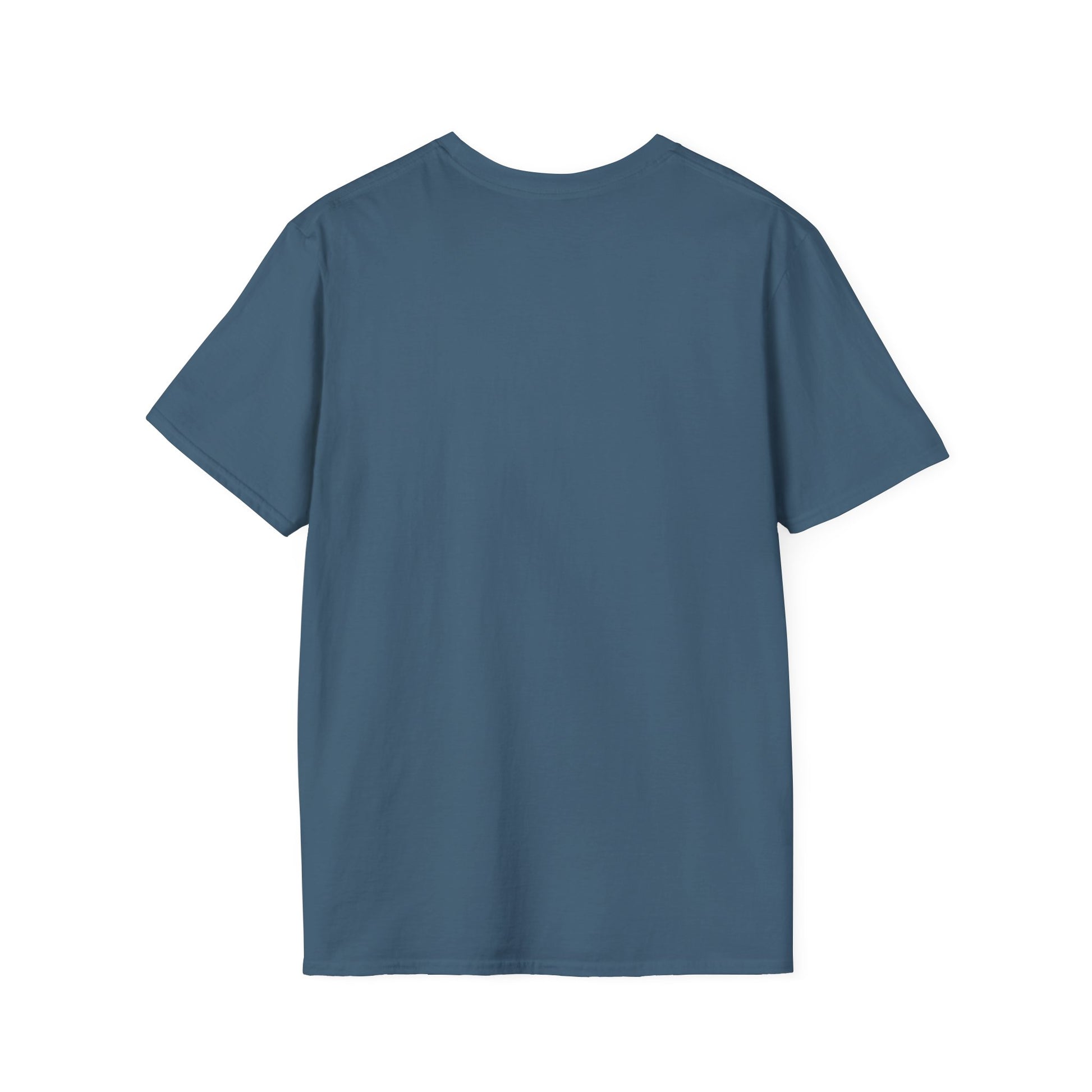 Back of a blank, blue t-shirt.