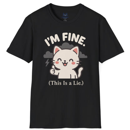 Black t-shirt with a Kawaii white cat a b with gray storm clouds graphic in background and "I'm Fine (This is a lie)" text