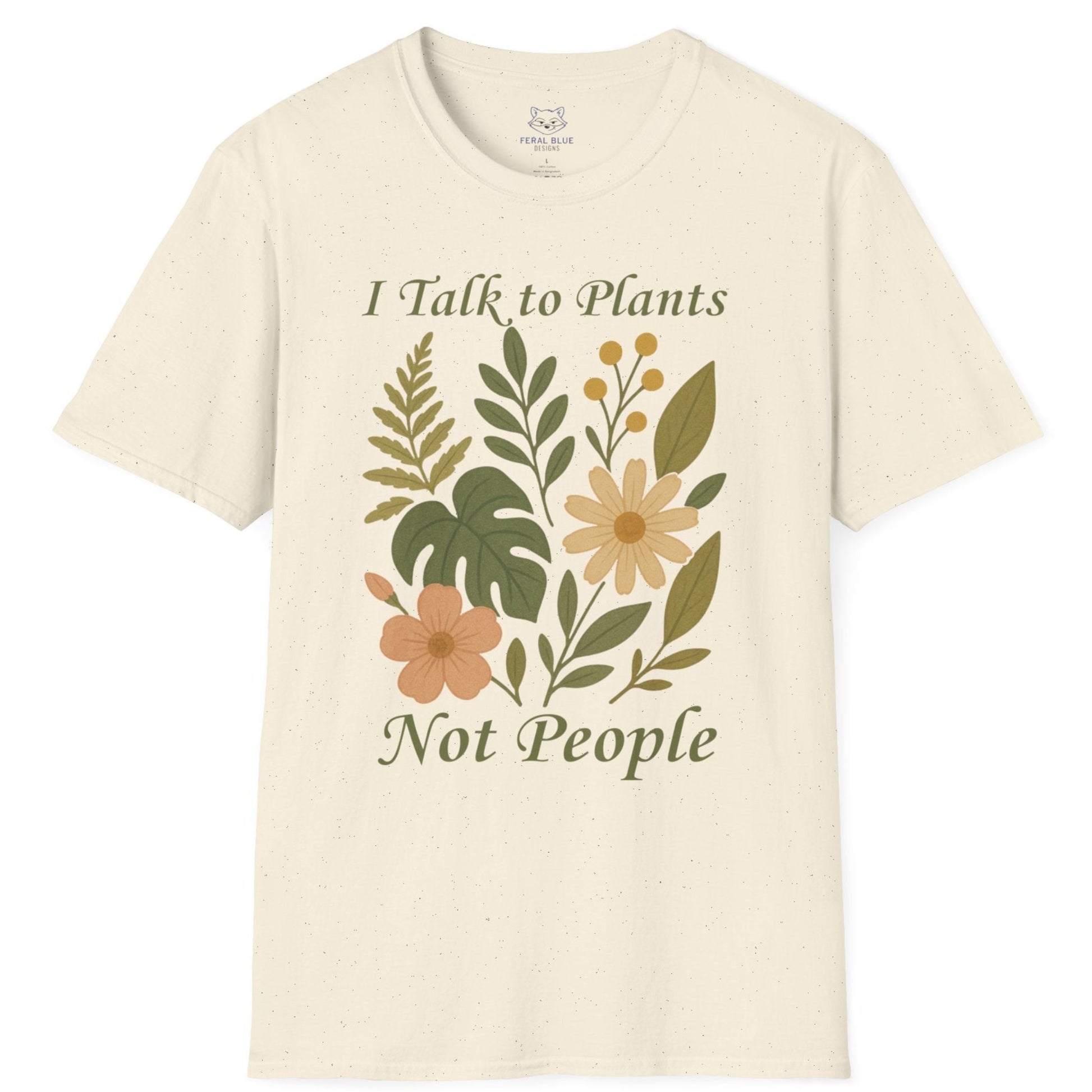 Cream t-shirt with boho floral design and green text 'I Talk to Plants Not People'.