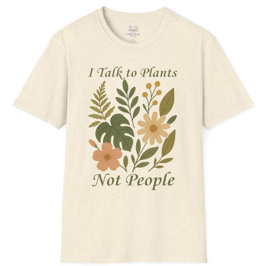 Cream t-shirt with boho floral design and green text 'I Talk to Plants Not People'.